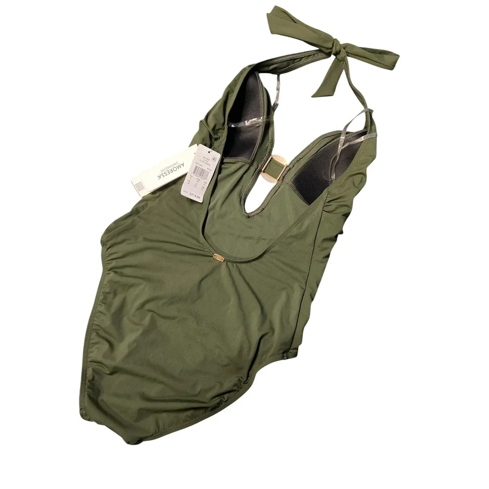 Amoressa Bianca One Piece Swimsuit Olive Green Halter Gold Ring 6514027 New 6